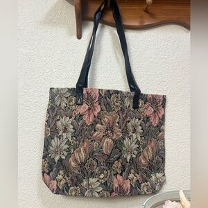 Vintage Floral Tapestry Tote - Black and Pink